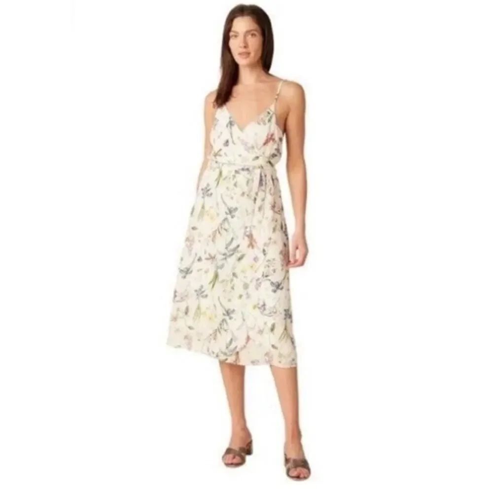 Amour Vert 100% Silk Wrap Dress Ivory Floral Midi Tie Waist L